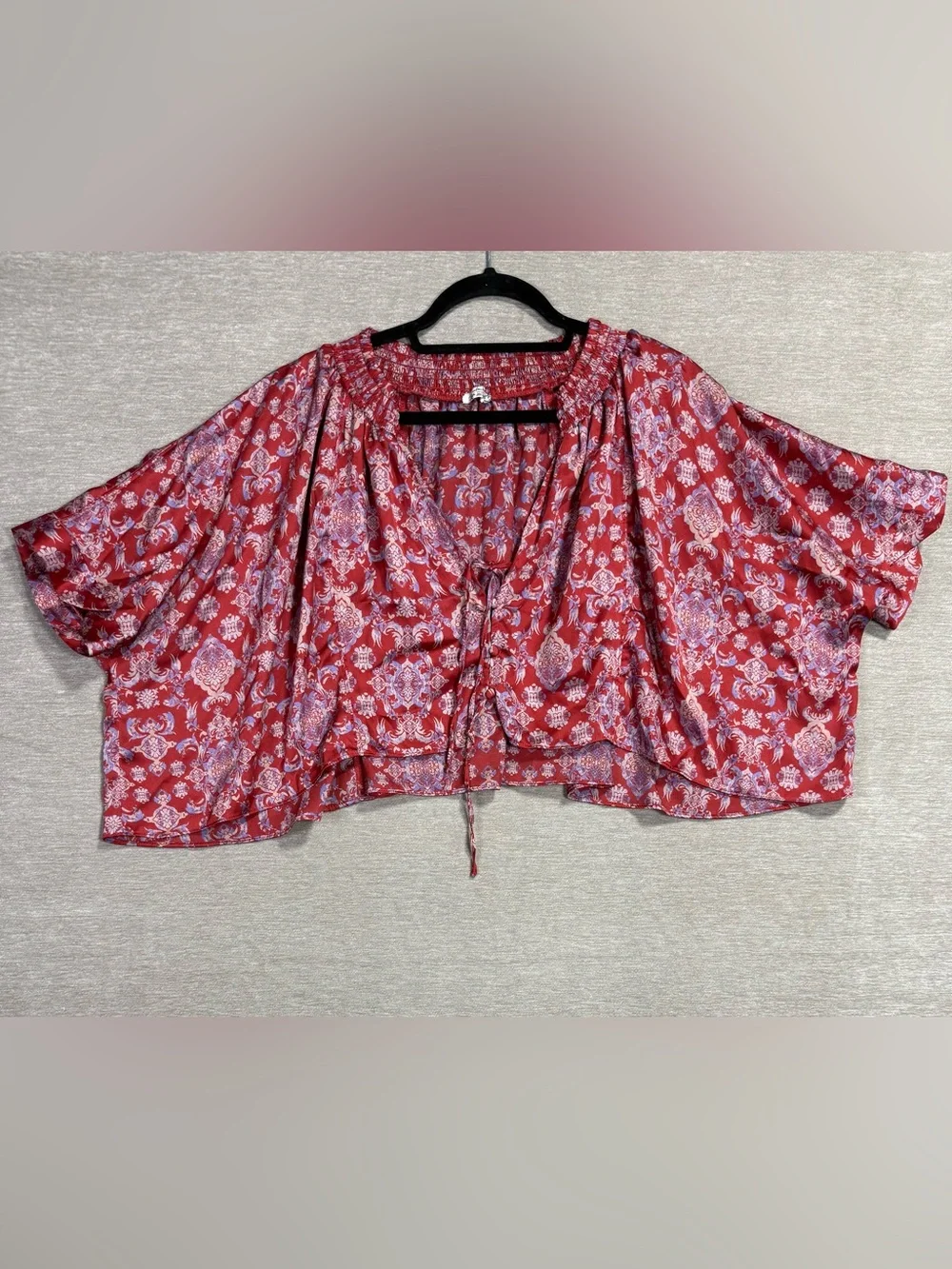 Free People Red Boho Floral Kimono Sleeve Tie Front Crop Blouse Women’s XS